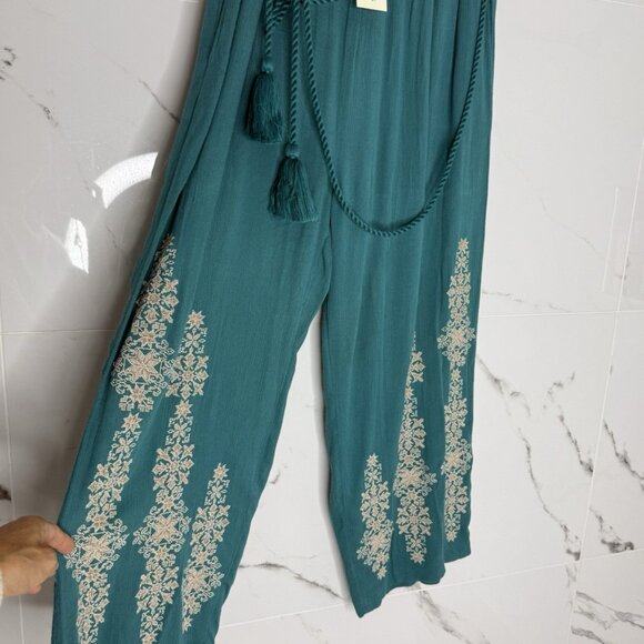 NWT Sundance "Spice Route" Embroidered Wide Leg Viscose Pants Sz M Teal $118 - Picture 3 of 15